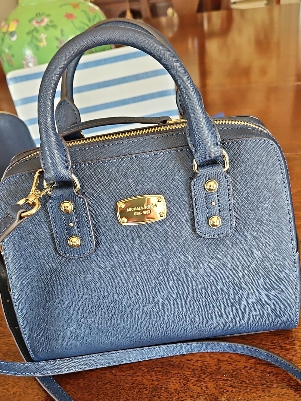 MICHAEL KORS Navy Saffiano Leather Satchel/Crossbody Bag with Gold Hardware